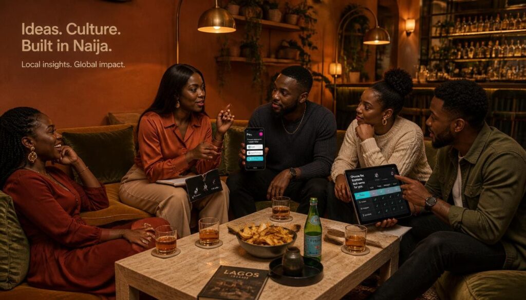 Nigerian content creators discussing payment convenience and local currency support inside a vibrant lounge.