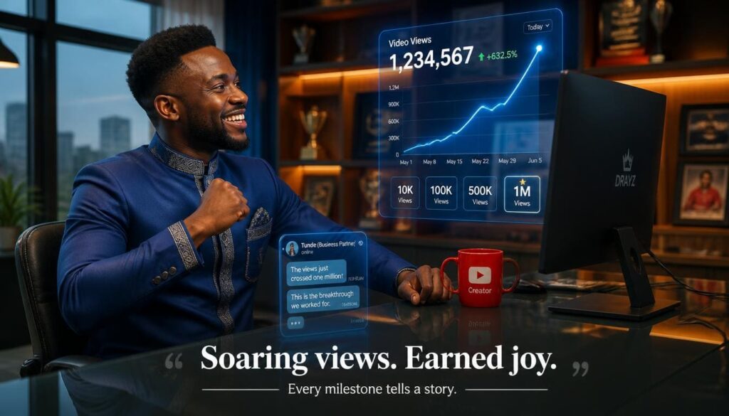 Nigerian creator smiling at a laptop showing high video view counts and analytics