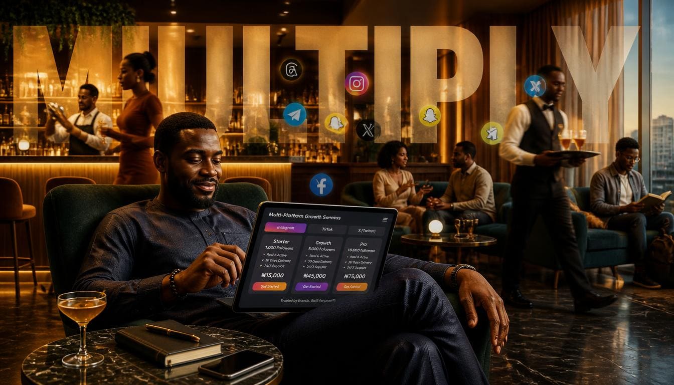 Nigerian digital marketer exploring growth options in a stylish modern Lagos lounge
