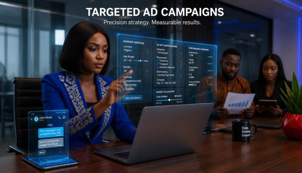 Nigerian digital marketer working on paid ad campaigns in sleek conference room