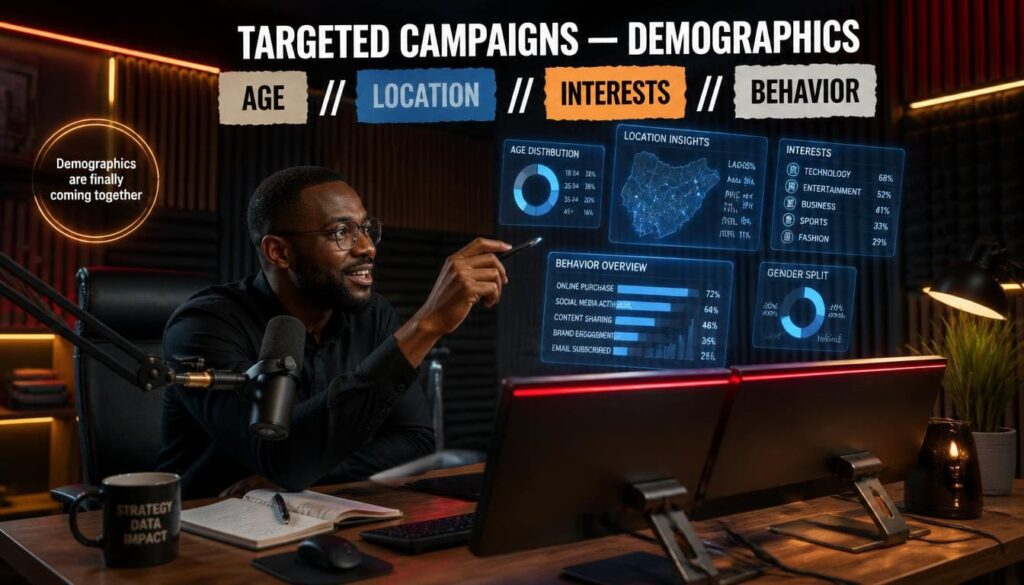 Creative marketer comparing target demographic options and campaign delivery timelines on high resolution computer monitor