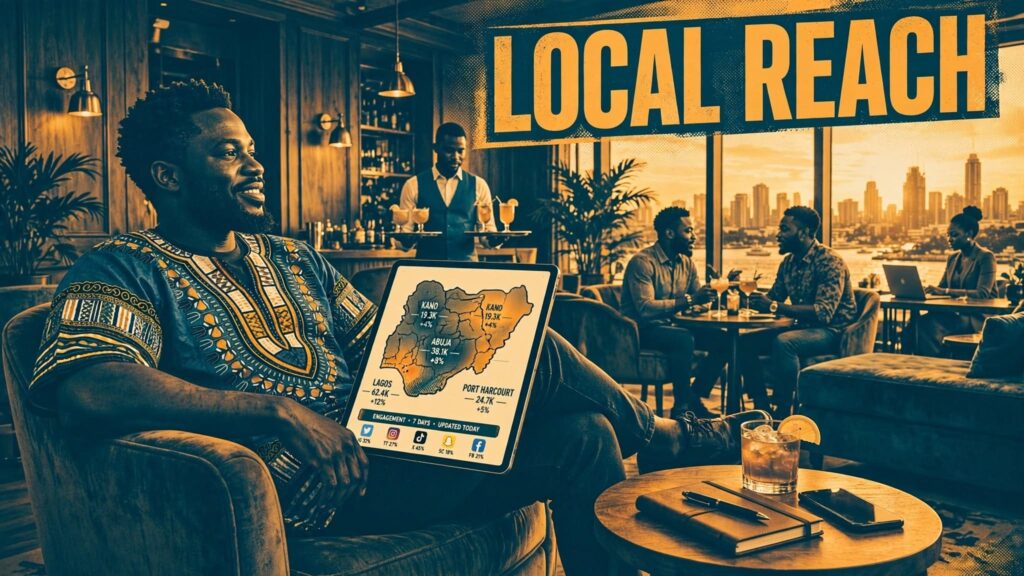 Nigerian entrepreneur analyzing regional heatmaps on a tablet inside a vibrant Victoria Island lounge