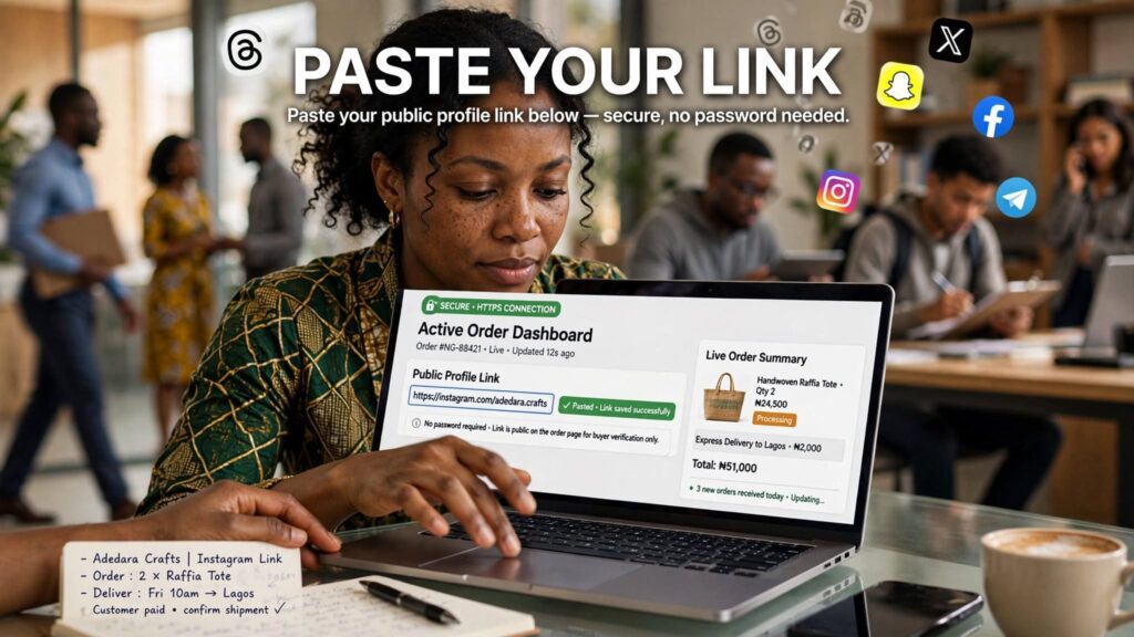 Nigerian entrepreneur typing a public profile link into a secure online dashboard