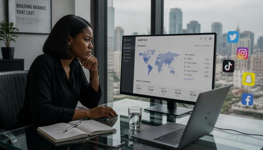 Nigerian entrepreneur looking confused over global audience analytics on a glass desk.