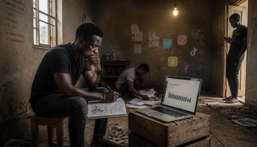 Nigerian entrepreneur reviewing flat analytics on a laptop inside a bright glass house