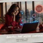 Female creator reviewing social media promotion campaign performance analytics on laptop inside bright modern room