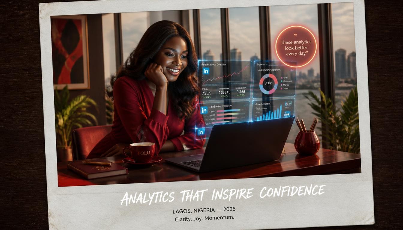 Female creator reviewing social media promotion campaign performance analytics on laptop inside bright modern room