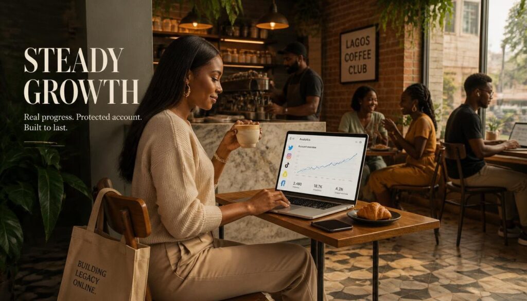 Nigerian tech founder smiling at gradual audience growth infographics on a sleek office glass desk