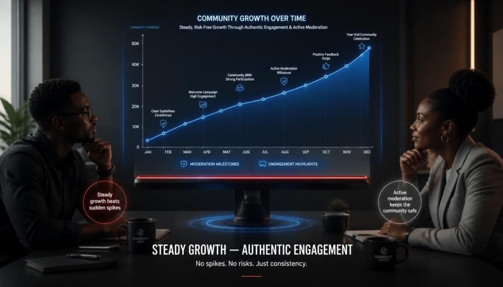 Line chart tracking sustainable organic follower and comment growth over a quarterly period.