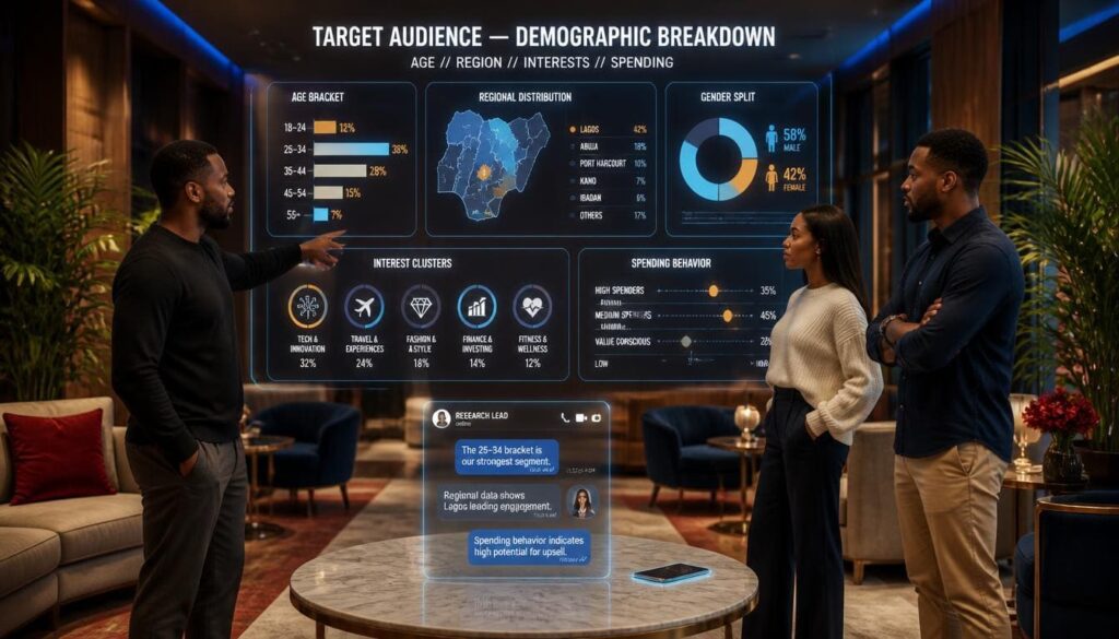 Detailed infographic outlining ideal Nigerian audience demographics locations and daily challenges.