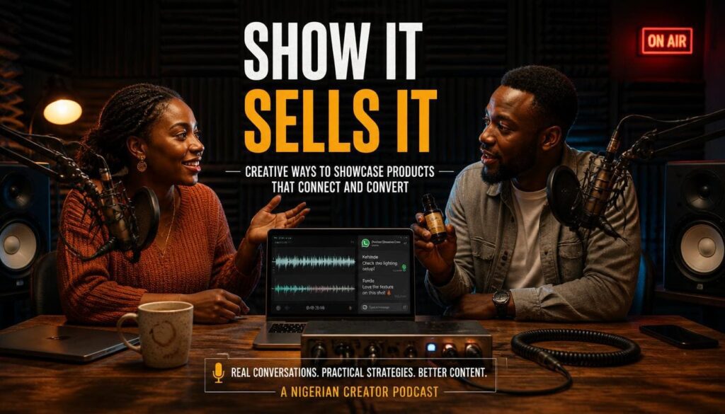 Podcast studio setup discussing creative product showcase strategies for social media vendors.