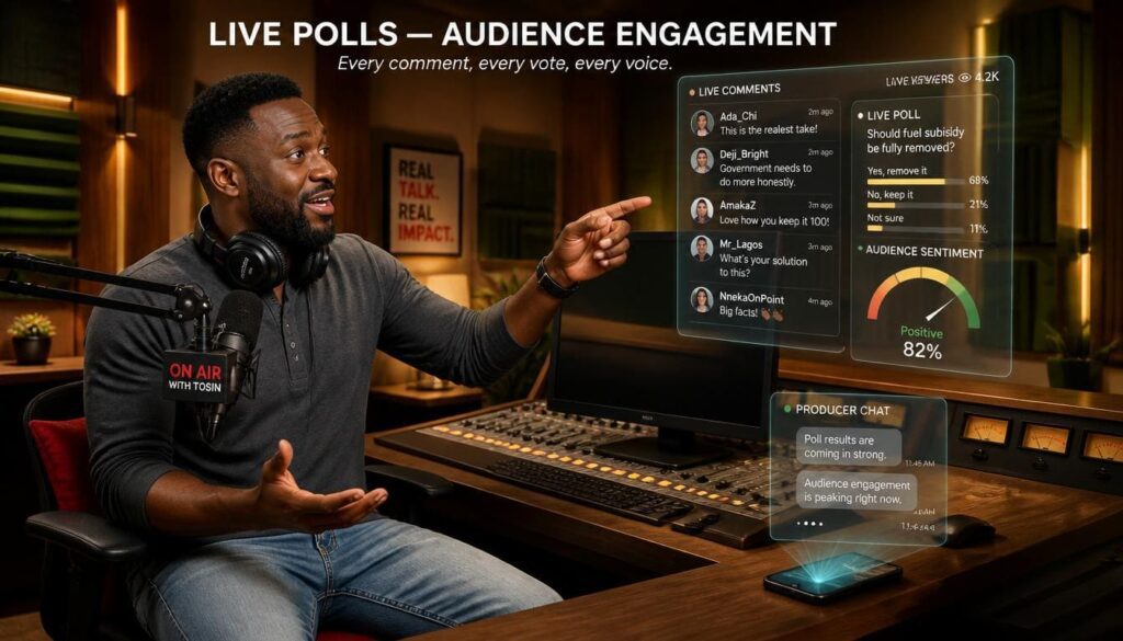 Podcaster engaging with live caller opinions and interactive poll discussions inside a radio studio.