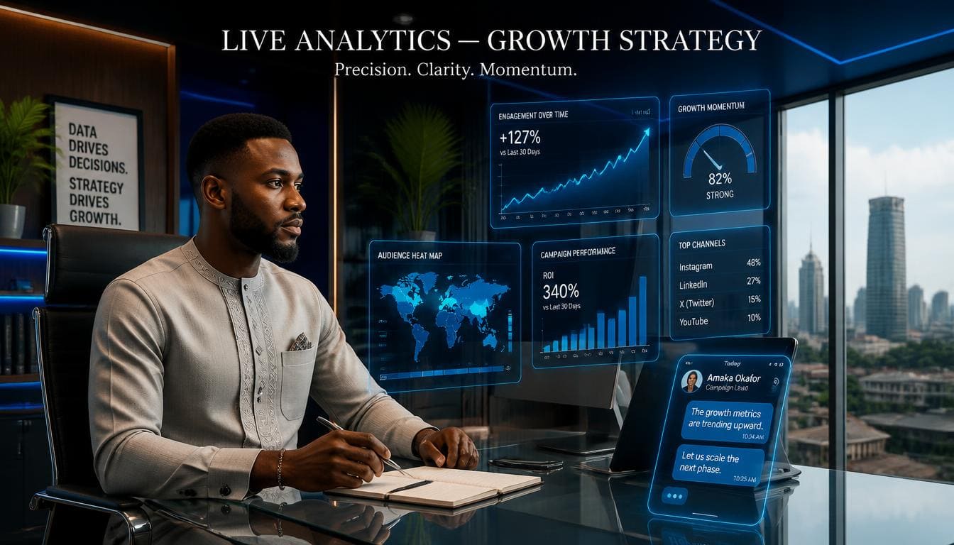 Professional digital strategist analyzing Facebook audience growth metrics on a sleek laptop screen in Lagos.