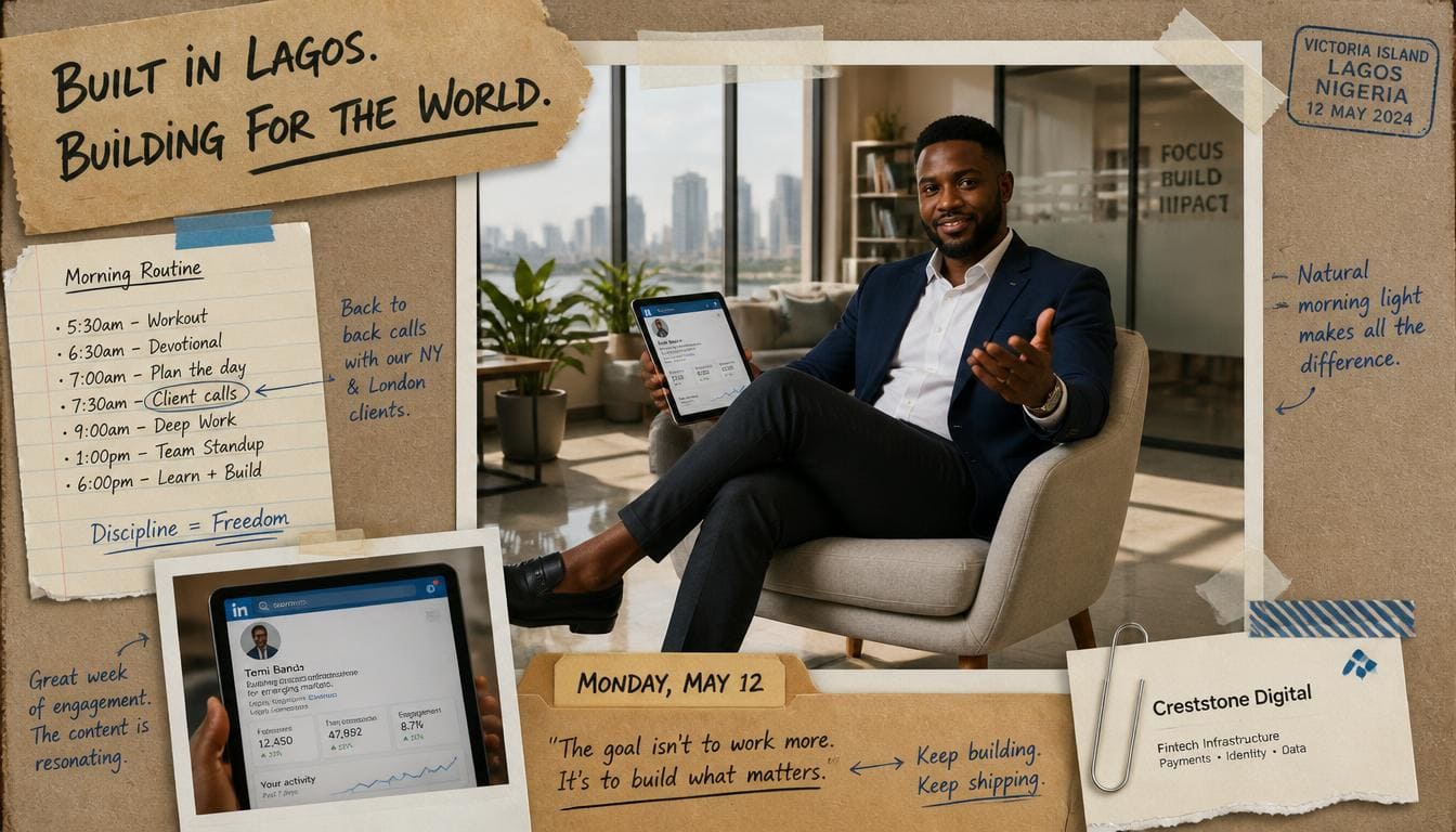 Nigerian tech entrepreneur smiling in an office glass desk setting while reviewing profile analytics.