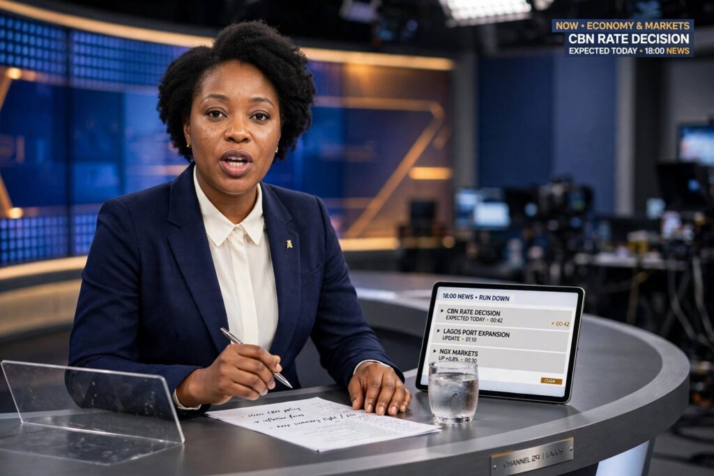 Professional Nigerian newscaster delivering business growth insights inside a broadcast TV studio