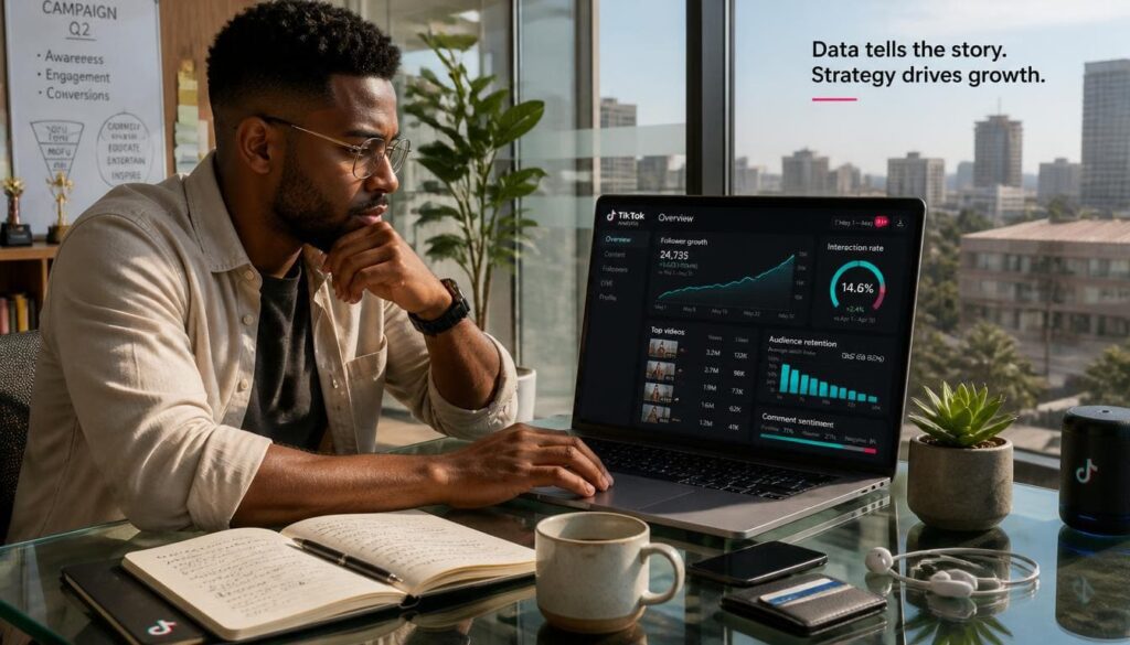 Professional analyzing audience engagement metrics on an office glass desk setup in Lagos.