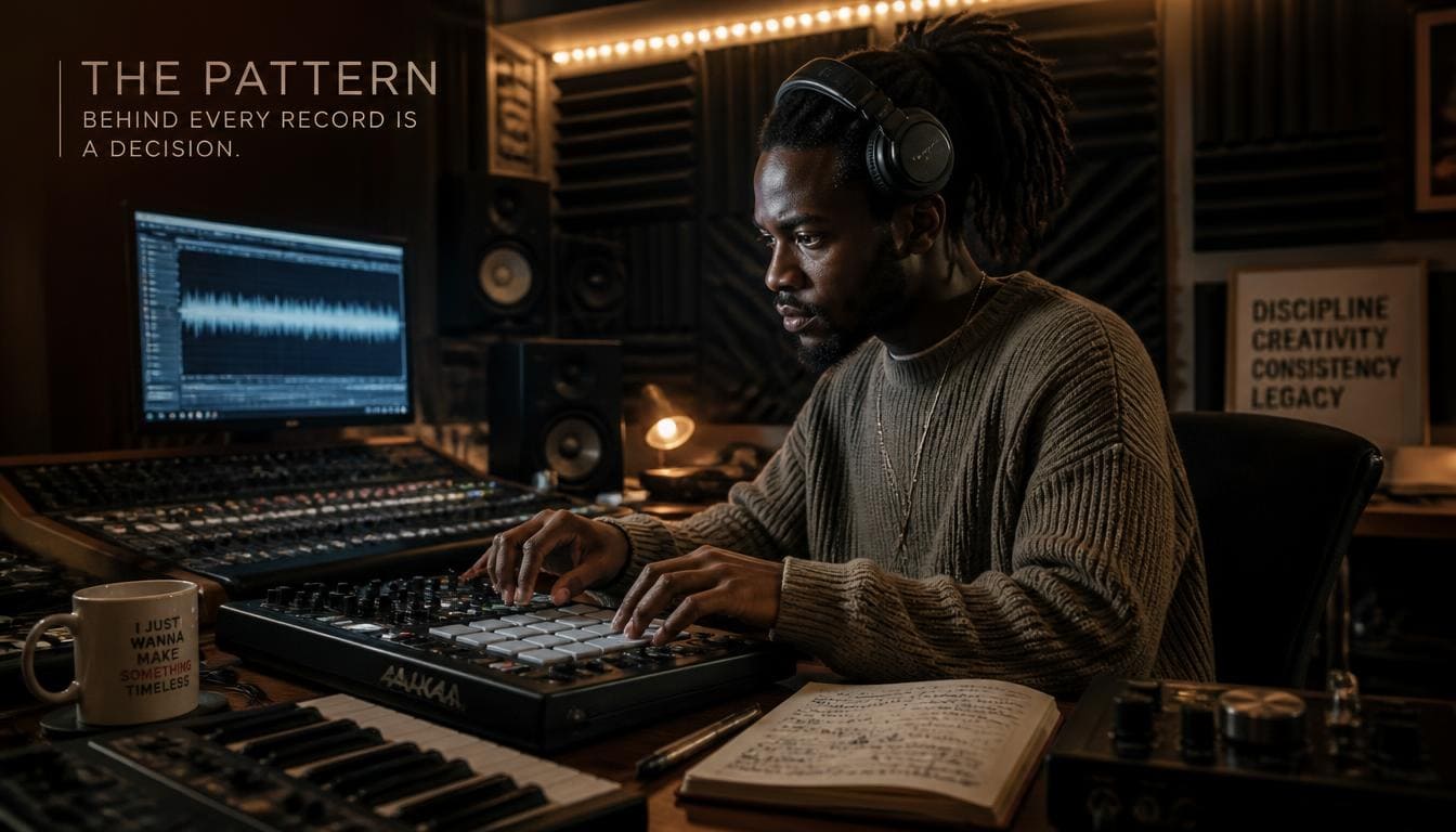 Focused Nigerian music producer mixing fresh Afrobeat instrumentals on a professional sound mixing console.