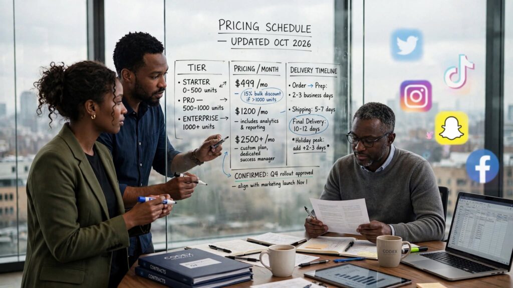 Professional team reviewing transparent pricing schedules on a modern conference room glass wall.