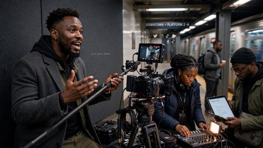 Professional video recording setup inside a modern Lagos podcast studio for social creators.