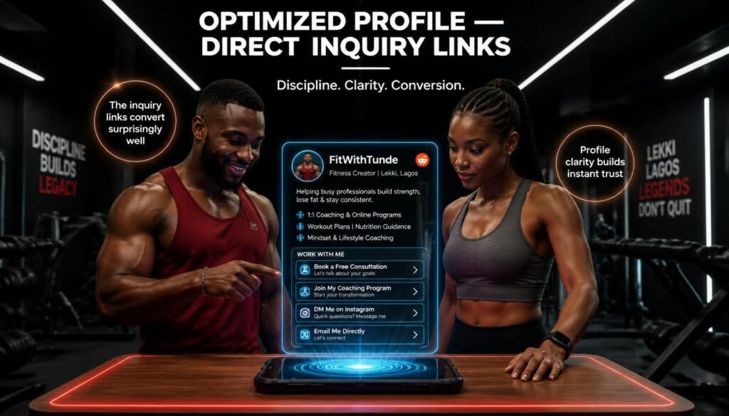 High contrast close up photo of an optimized profile bio with direct business inquiry links