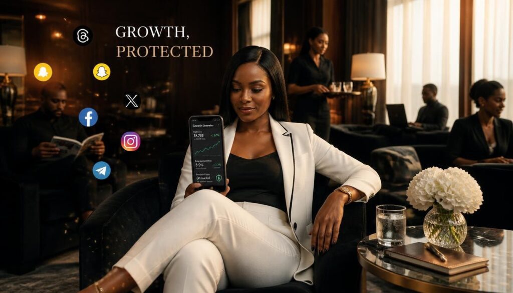 A professional checking secure mobile analytics inside a sleek Lagos lounge.