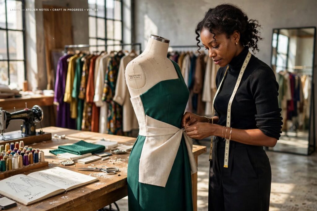 Proud Nigerian fashion designer presenting a stylish bespoke outfit inside a modern fashion house