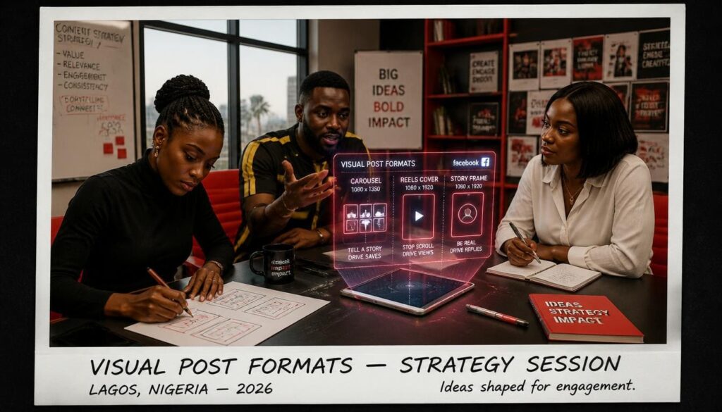 Content team brainstorming high-engagement visual post formats around a collaborative table in Lagos.