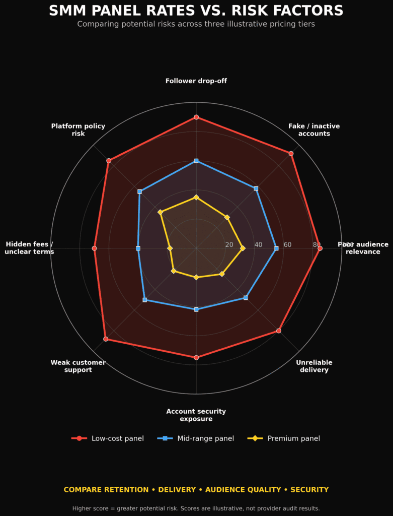 Bar charts comparing risk versus reward metrics for rock-bottom social media panels