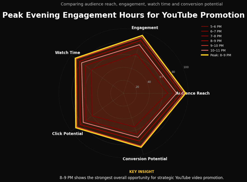 Radar chart mapping peak evening engagement hours for strategic YouTube video promotion.