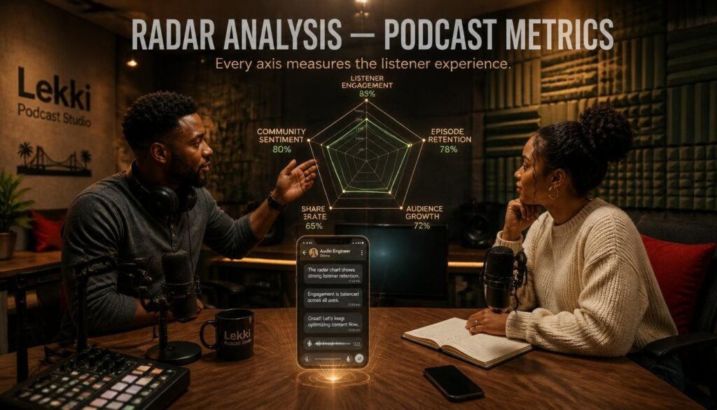 Radar chart displaying community response metrics and sentiment balance during online lifestyle debates.