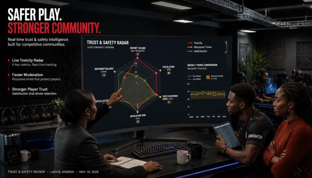 Radar chart evaluating moderation metrics, rule enforcement, and community safety levels across active gaming servers.