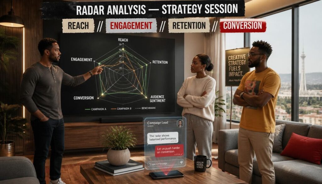 Radar chart analyzing pop culture trends, music integration, and search visibility metrics
