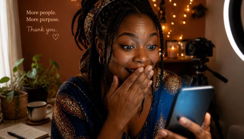 Close-up shot of an artist smiling while viewing high Spotify follower counts on smartphone.
