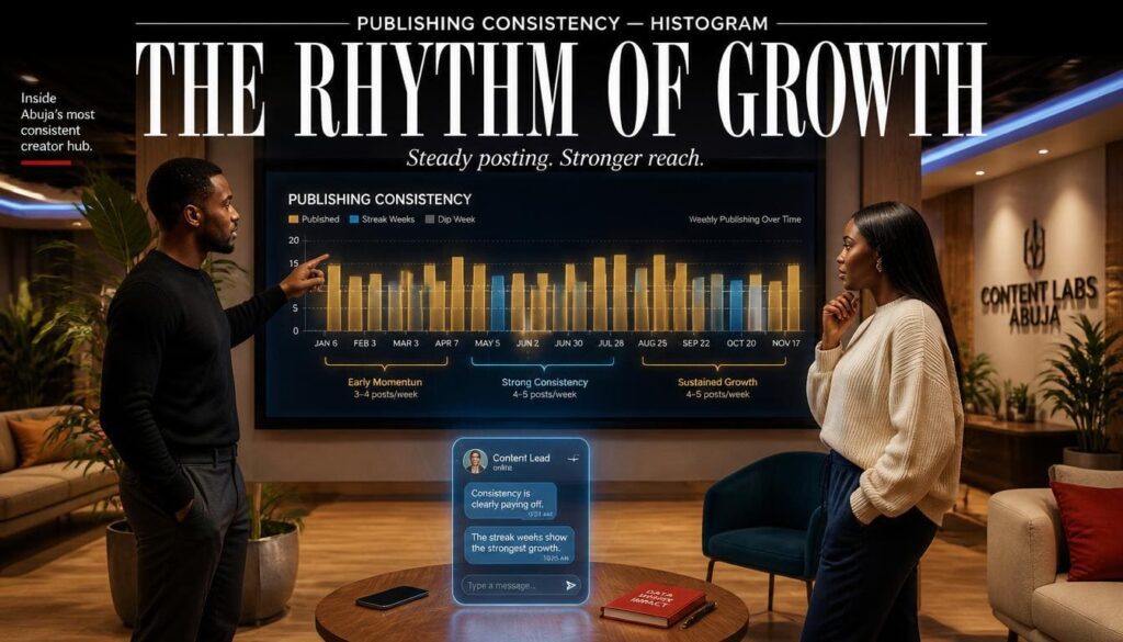 Histogram illustrating steady audience growth momentum through regular publishing intervals.