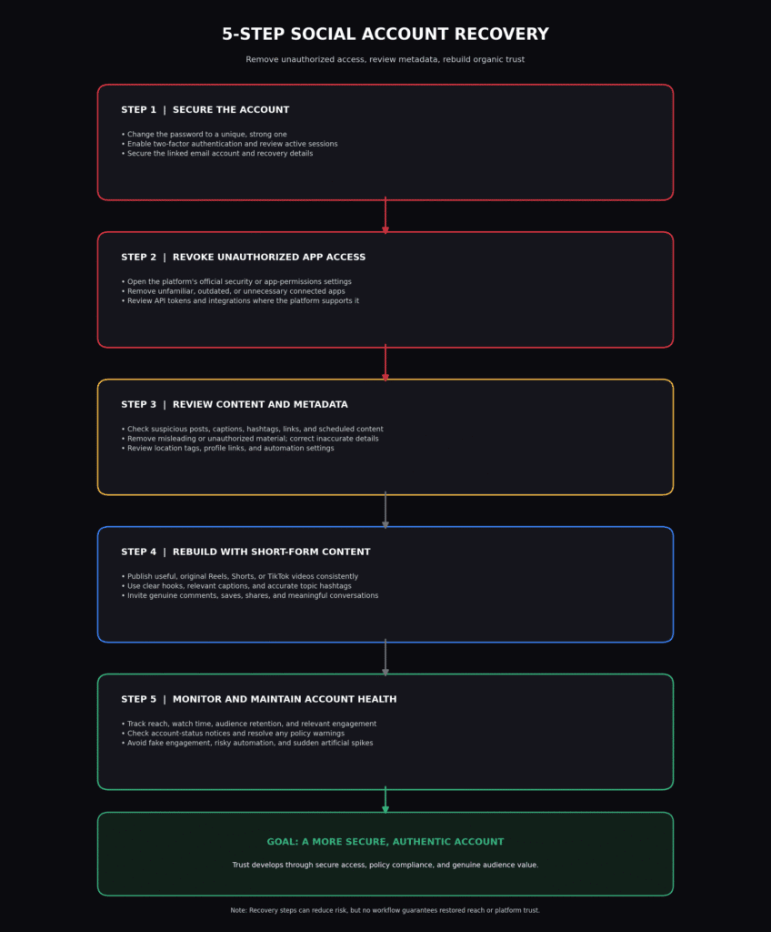 Process diagram outlining steps to audit account permissions and rebuild organic audience