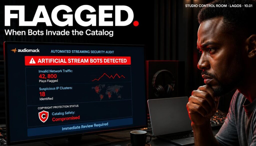 Security alert screenshot warning label administrator about artificial bot stream activity on account
