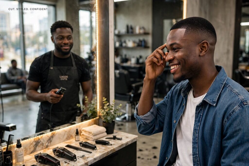 Satisfied customer smiling at a clean mirror inside a modern Lagos hair salon