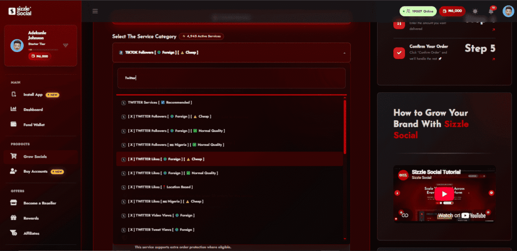 Screenshot of the Sizzle Social dashboard displaying available Twitter growth service options