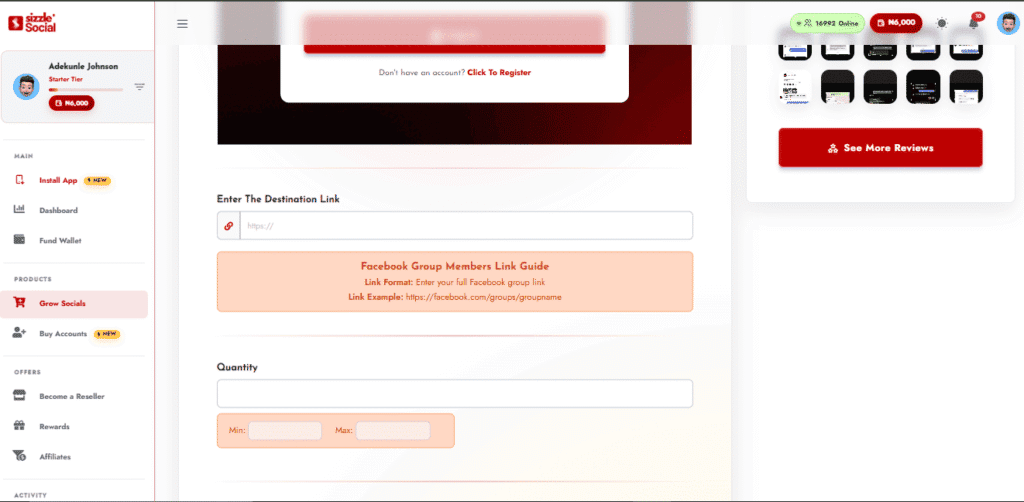 Screen shot of the order form input box for submitting public Facebook profile links securely.