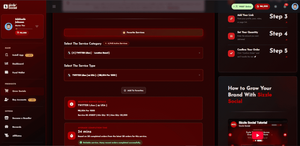 ot showing package selection and pricing tiers on the Sizzle Social platform