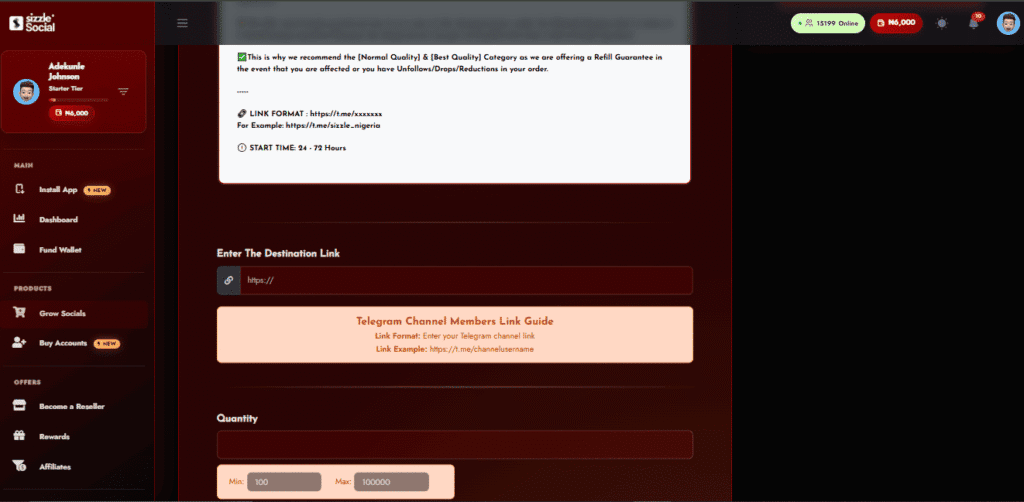 Entering public Telegram invite link into the designated order field safely.