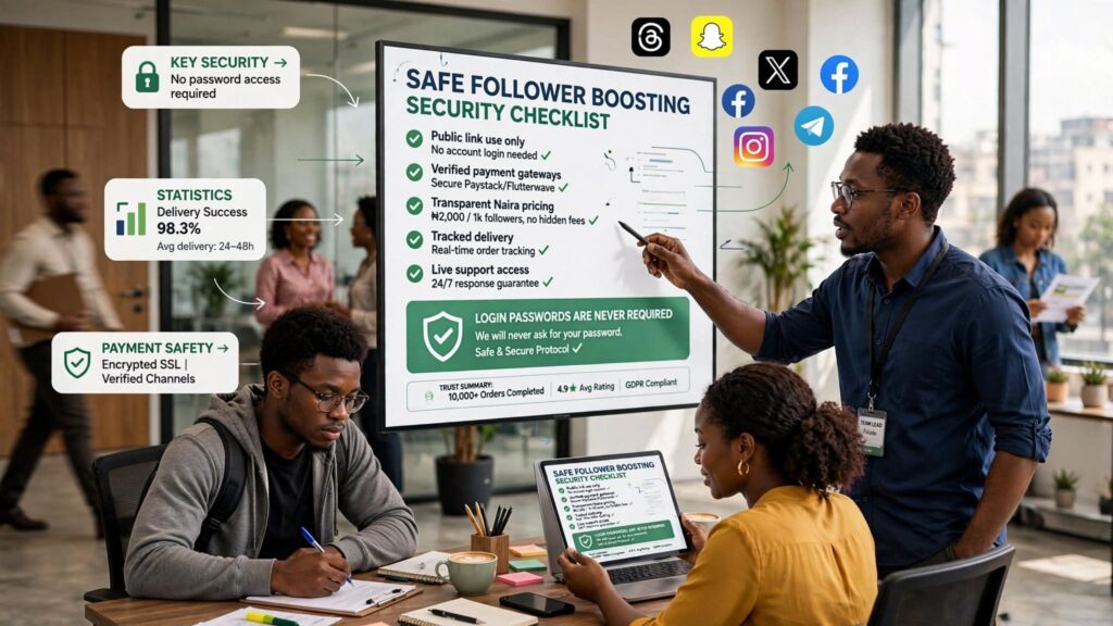 Essential security checklist infographic highlighting why safe follower boosting sites never request passwords