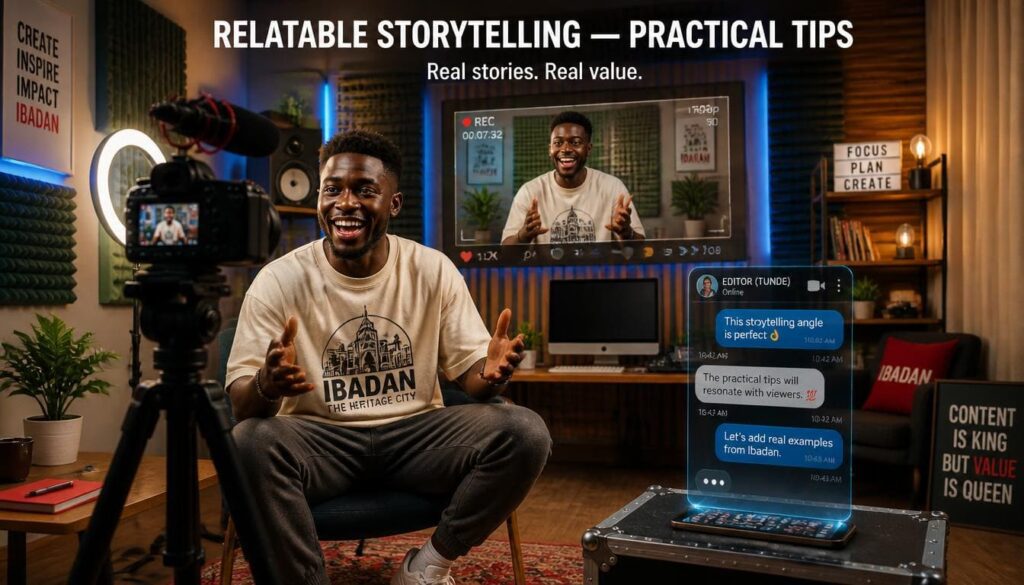 Close up photo of a joyful creator sharing relatable storytelling and practical tips online.