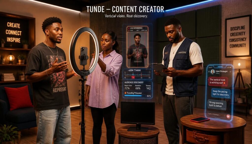 Nigerian content creator filming vertical videos with a ring light in a studio