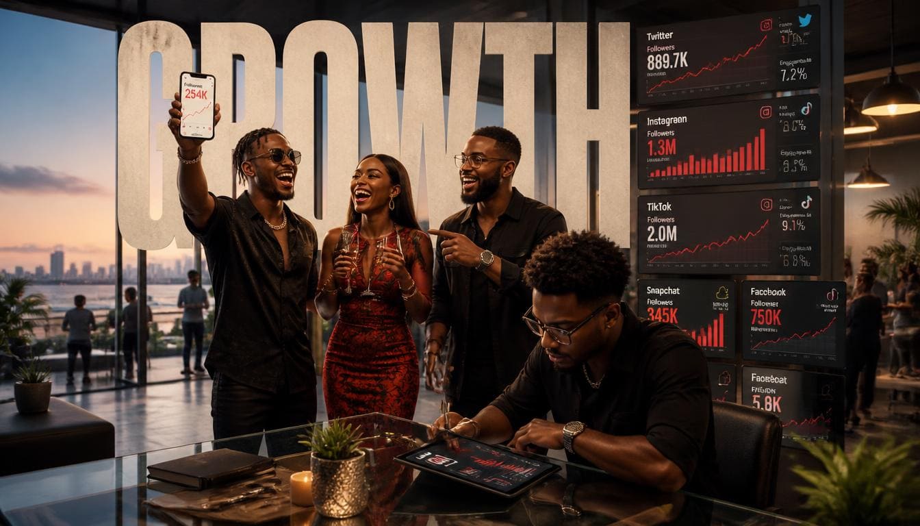 A modern digital dashboard displaying social media growth analytics for Nigerian creators and brands.
