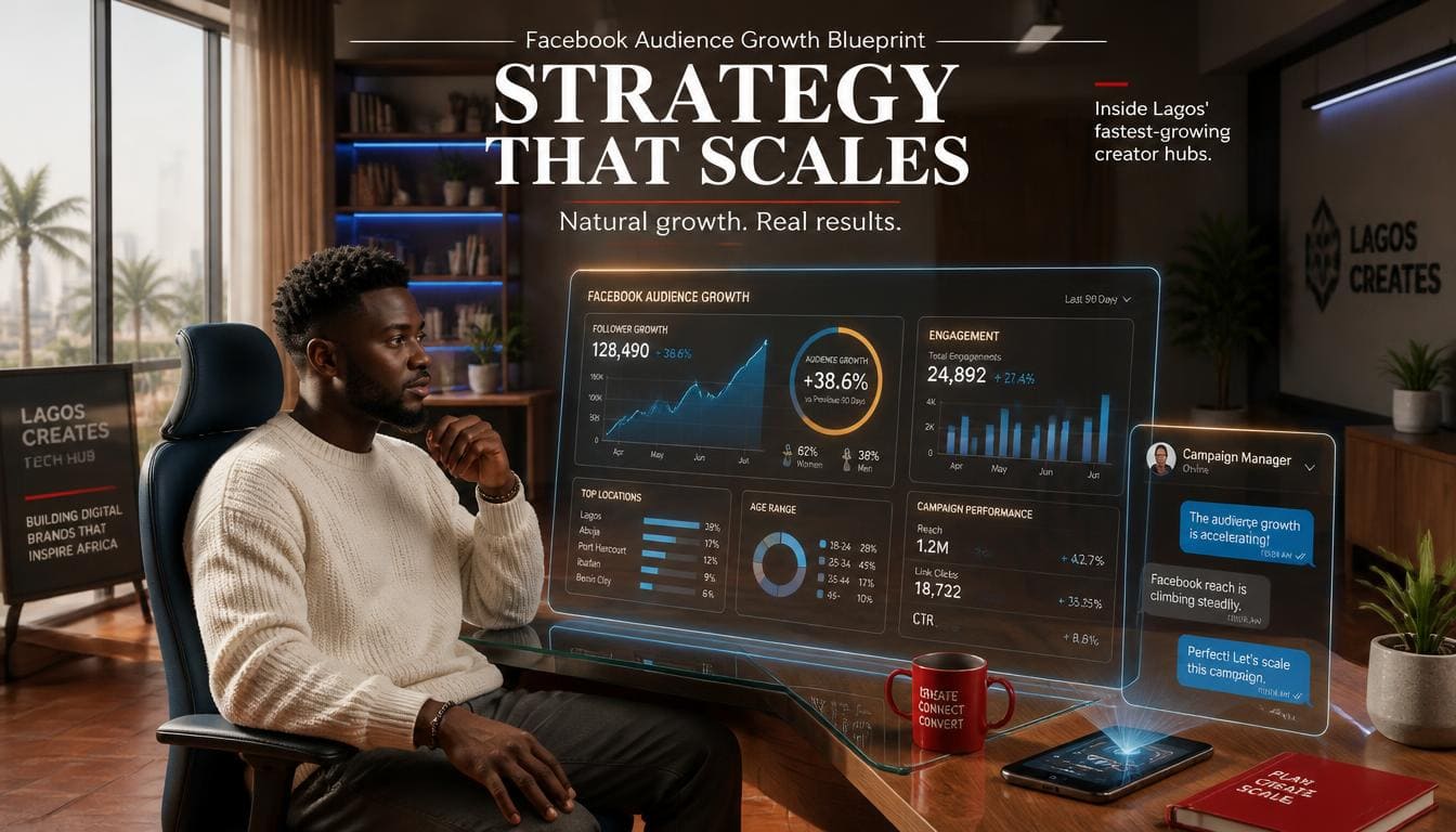 ibrant professional working on Facebook audience growth strategy in Lagos Nigeria