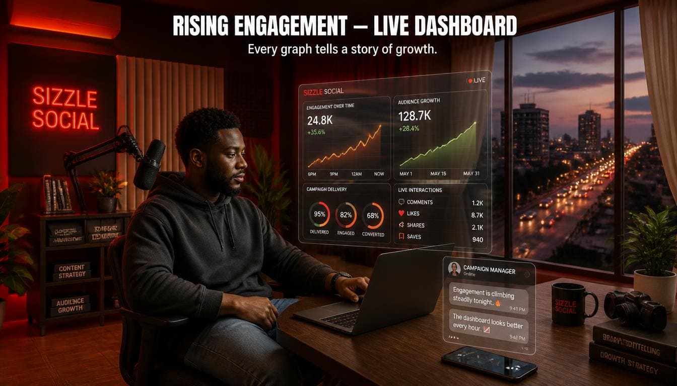 Sizzle Social dashboard showing active Facebook comment growth and engagement campaigns in Nigeria.
