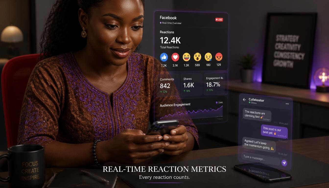 Modern mobile dashboard showing active Facebook growth metrics for Nigerian entrepreneurs