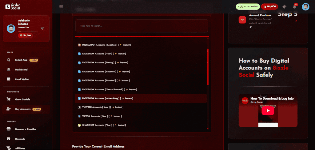 izzle Social Dashboard Interface Showing Categorized Social Media Accounts Available for Purchase