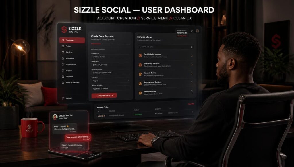 Sizzle Social dashboard screenshot displaying the service menu for Facebook profile promotion options.